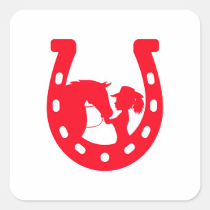 Sticker Carré Fille au fer à cheval rouge et cheval
