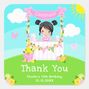 Sticker Carré Fille aux cheveux noirs Fête d'anniversaire Merci 