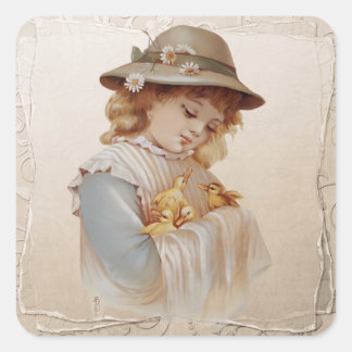 Sticker Carré Fille avec des petits canards