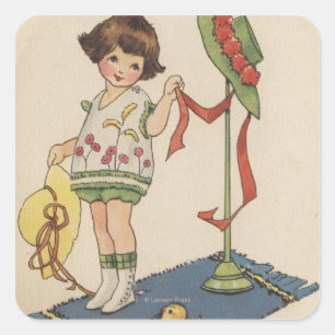 Sticker Carré Fille avec le casquette et le poussin jaunes