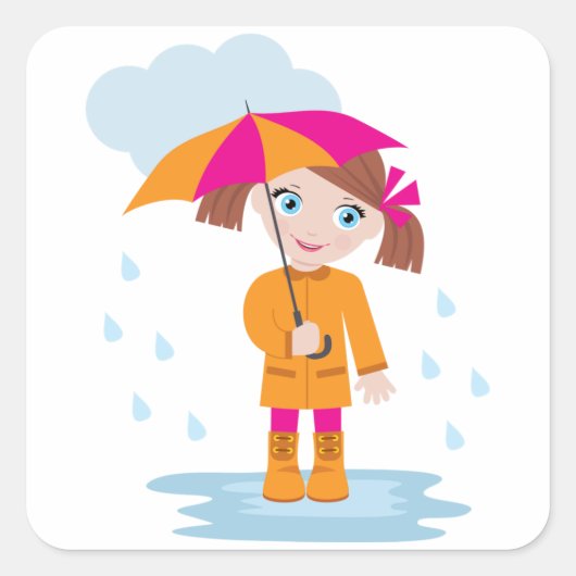 Sticker Carré Fille avec parapluie sous la pluie Enfants Jour pl (Devant)