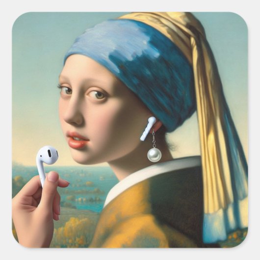 Sticker Carré Fille avec perle oreille avec écouteurs (Devant)