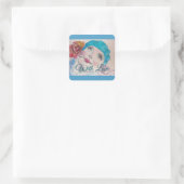 Sticker Carré Fille avec Rose rouge Beret Aquarelle (Sac)