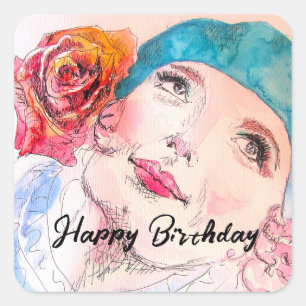 Sticker Carré Fille avec Rose Rouge Beret fête d'anniversaire Fi