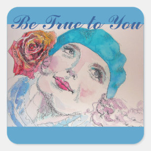 Sticker Carré Fille avec Rose Rouge Beret Soyez Vrai À Vous Stic