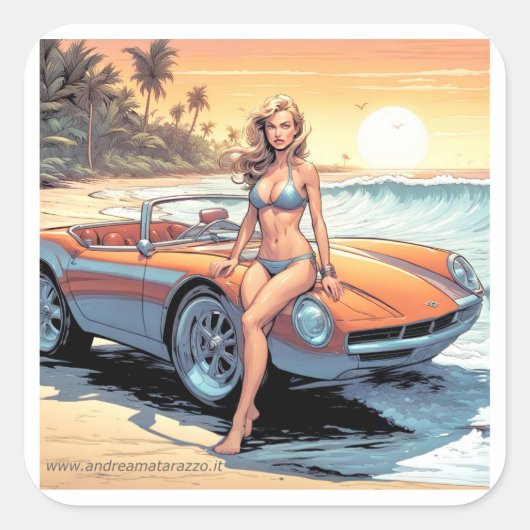 Sticker Carré Fille avec voiture de sport (Devant)