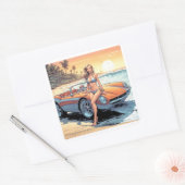 Sticker Carré Fille avec voiture de sport (Enveloppe)