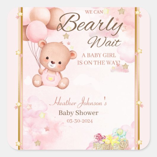 Sticker Carré Fille Baby shower ours (Devant)