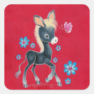 Sticker Carré Fille Bébé Âne Avec Fleurs