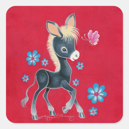 Sticker Carré Fille Bébé Âne Avec Fleurs (Devant)