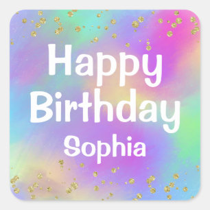 Sticker Carré Fille colorée Joyeux Anniversaire Unicorn Parties 