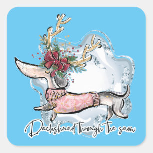 Sticker Carré Fille Dachshund À Travers La Neige