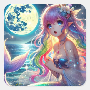 Sticker Carré Fille d'anime chantant clair de lune pixie mermaid