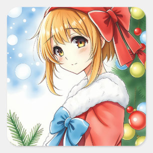 Sticker Carré Fille d'Anime personnalisée Noël