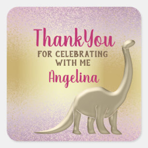 Sticker Carré Fille d'anniversaire dinosaure en or rose 