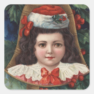 Sticker Carré Fille dans le casquette de Père Noël à Bell