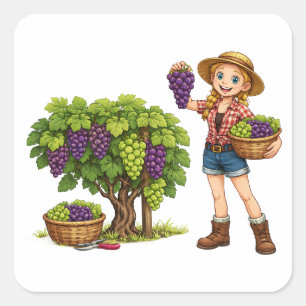 Sticker Carré Fille de la ferme cueillant des raisins, art de la