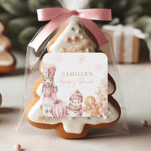 Sticker Carré Fille de Noël Rose Baby Shower