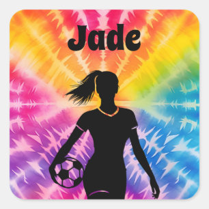 Sticker Carré Fille de soccer Personnalisée Cravate-Dye Rainbow 