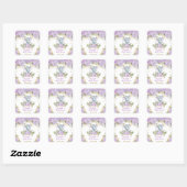 Sticker Carré Fille Eléphant Purple Baby shower de fleurs or (Feuille)