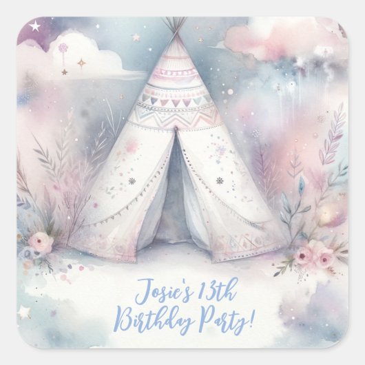 Sticker Carré Fille Enchantée Teepee Sleepover fête d'anniversai (Devant)