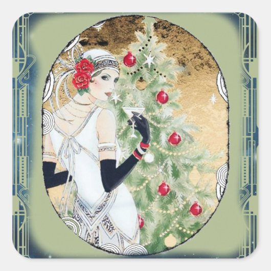 Sticker Carré Fille Flapper de Noël avec boisson et arbre (Devant)