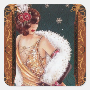 Sticker Carré Fille Flapper de Noël dans une robe dorée pailleté