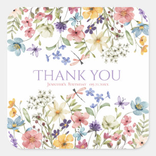 Sticker Carré Fille Fleur Sauvage Aquarelle 1er Anniversaire