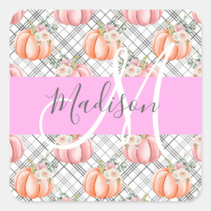 Sticker Carré Fille Floral Gris rose Pêche Citrouille Nom