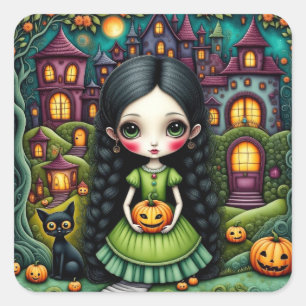 Sticker Carré Fille gothique mignonne Citrouille Village Hallowe