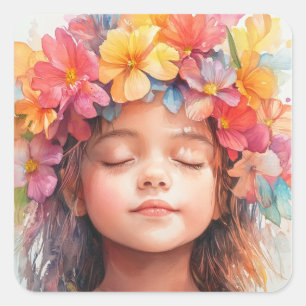 Sticker Carré Fille hawaïenne Colorful Tropical Fleurs Couronne