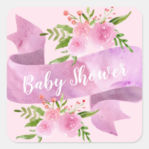 Sticker Carré Fille, Jolie, Chic, Floral Baby shower rose