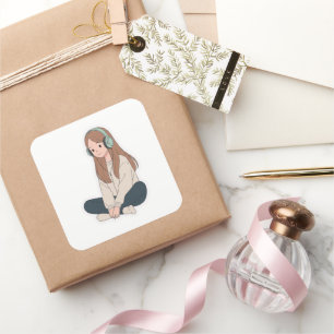 Sticker Carré Fille Lo-Fi avec écouteurs – Vibes Chill Pastel