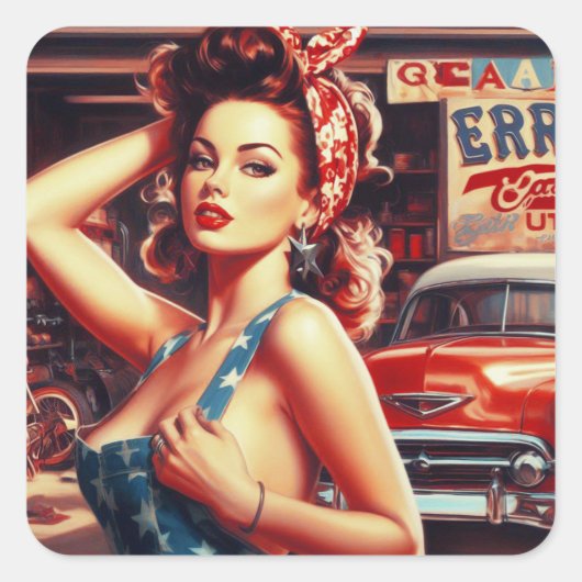 Sticker Carré Fille mécanique rétro (Devant)