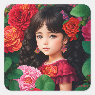 Sticker Carré Fille mignonne Avec Fleurs Roses Rouges Découpage
