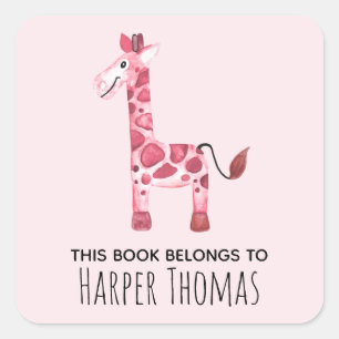 Sticker Carré Fille mignonne Ce livre appartient Safari Giraffe 