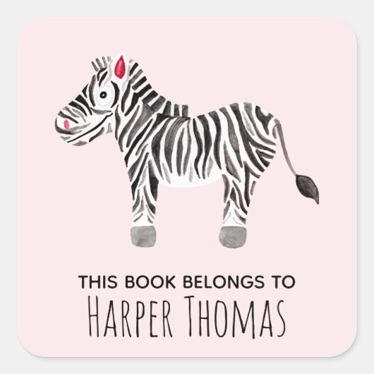 Sticker Carré Fille mignonne Ce livre appartient Safari Zebra No (Devant)