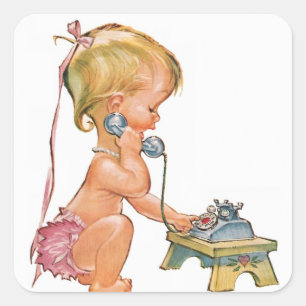 Sticker Carré Fille mignonne parlant au téléphone