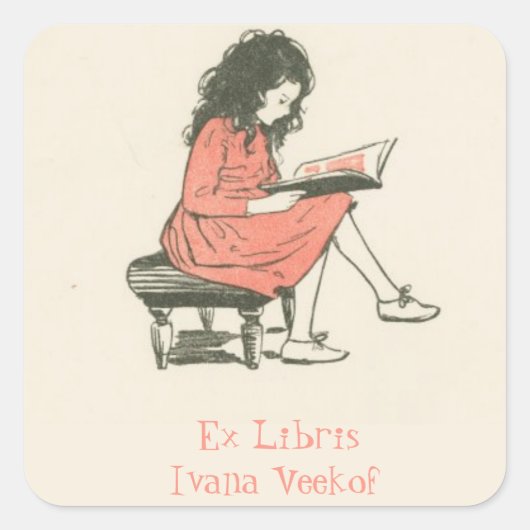 Sticker Carré Fille modifiable lisant une plaque de livre (Devant)