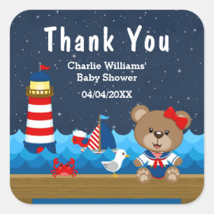 Sticker Carré Fille nautique Ourson Rouge Baby Shower Merci