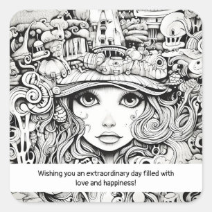 Sticker Carré Fille noir et blanc Inspiration Doodle