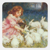 Sticker Carré Fille nourrissant des lapins (Devant)