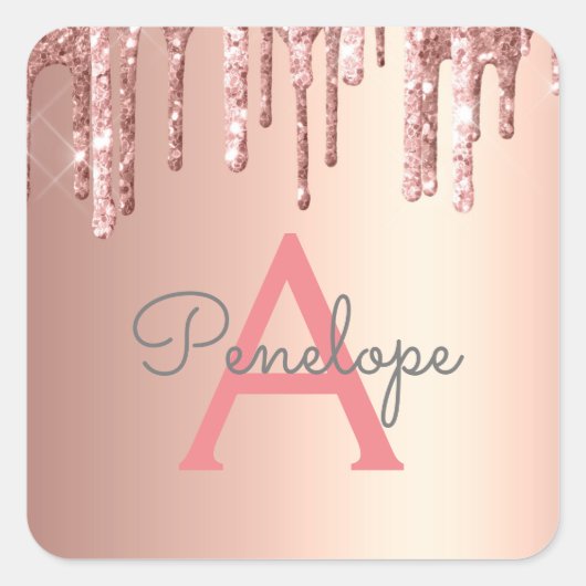 Sticker Carré Fille Parties scintillant rose Monogrammé Rose gou (Devant)