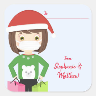 Sticker Carré Fille portant le masque à visage Noël 2020