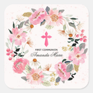 Sticker Carré Fille première communion aquarelle rose floral