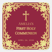 Sticker Carré Fille Première Communion Élégante Bourgogne & Faux (Devant)