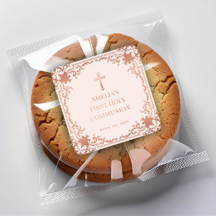 Sticker Carré Fille première communion Rose Rose Croix d'or Vint