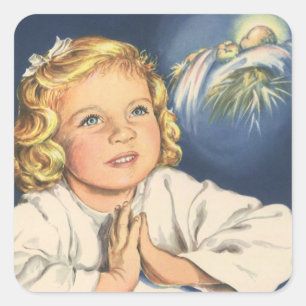 Sticker Carré Fille priant Jésus-Christ, Prières de coucher