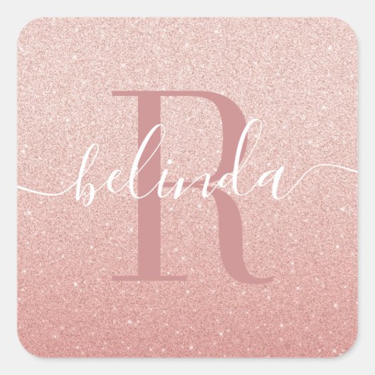Sticker Carré Fille Rose Gold Blush Pink Monogramme Nom (Devant)