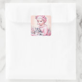 Sticker Carré Fille rose vintage et chaton Noël (Sac)